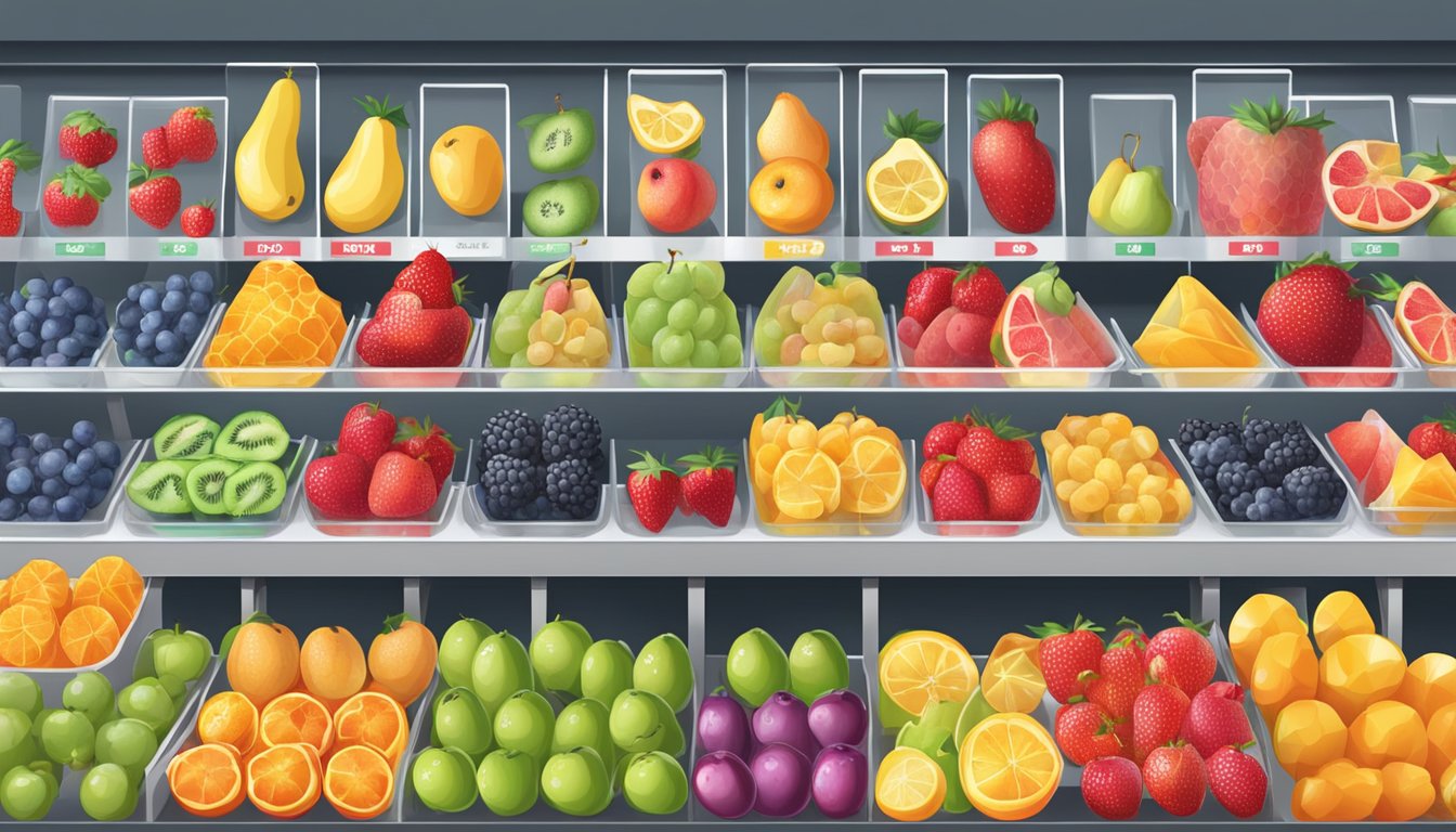 A colorful array of fresh and frozen fruits arranged on shelves, with price tags displayed for comparison