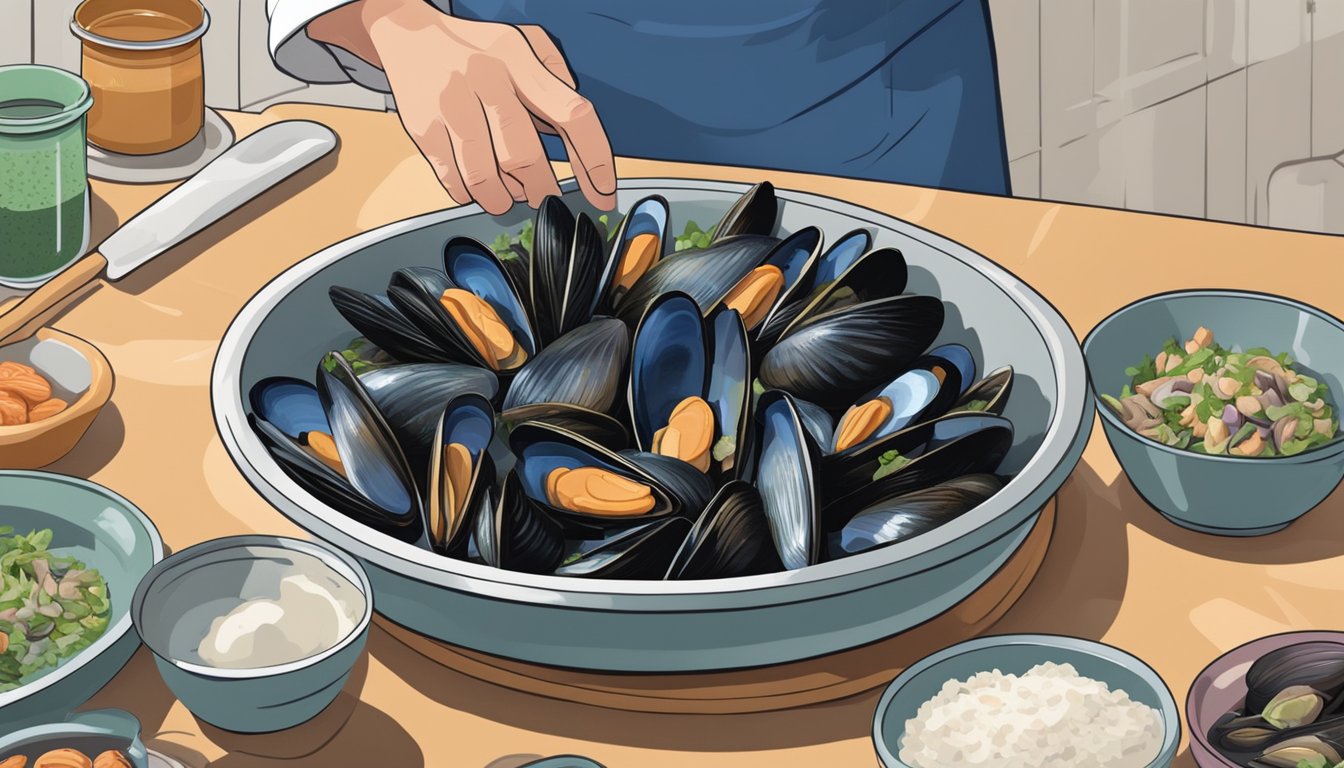 A chef's hand reaching for a bowl of fresh mussels, while another hand opens a freezer door to reveal a bag of frozen mussels. Both are surrounded by a variety of seafood and cooking utensils on a kitchen counter