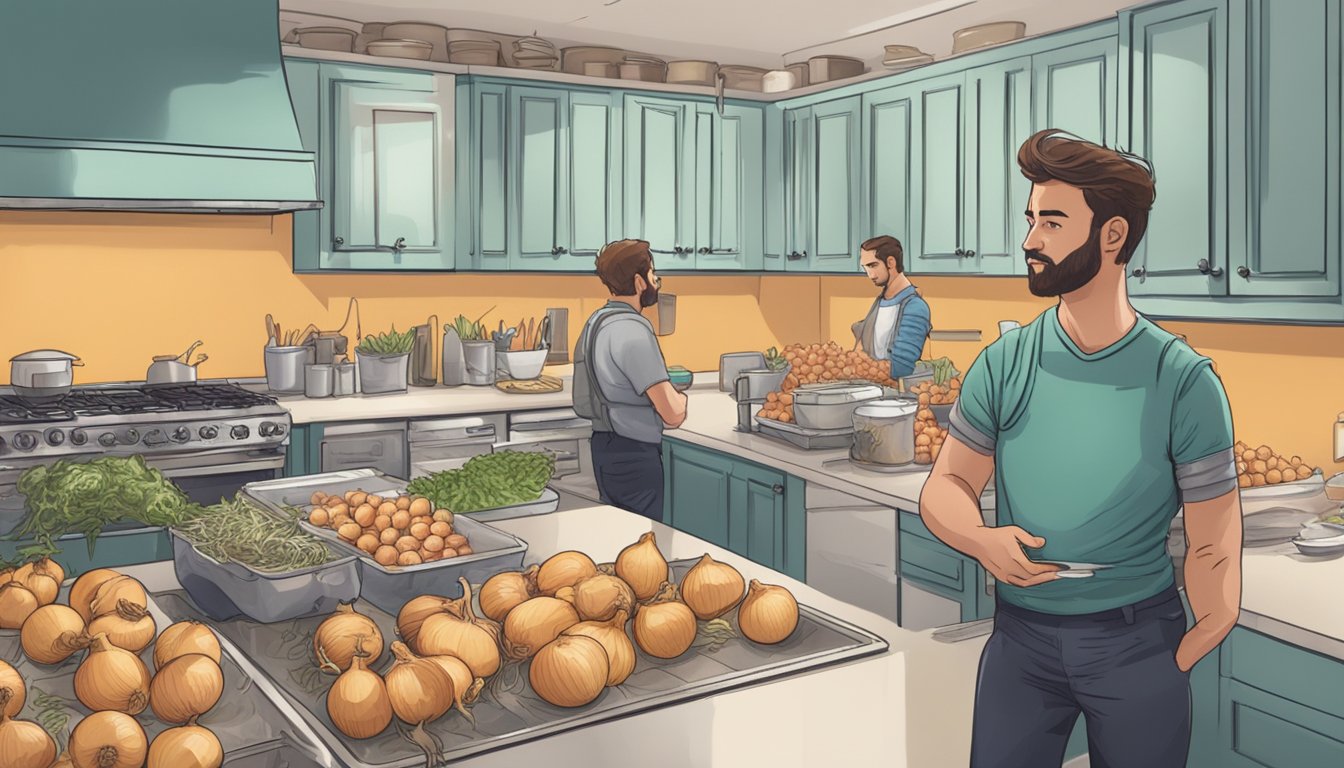 A busy kitchen with fresh and frozen onions on the counter, while Reddit users debate convenience and flavor in the background