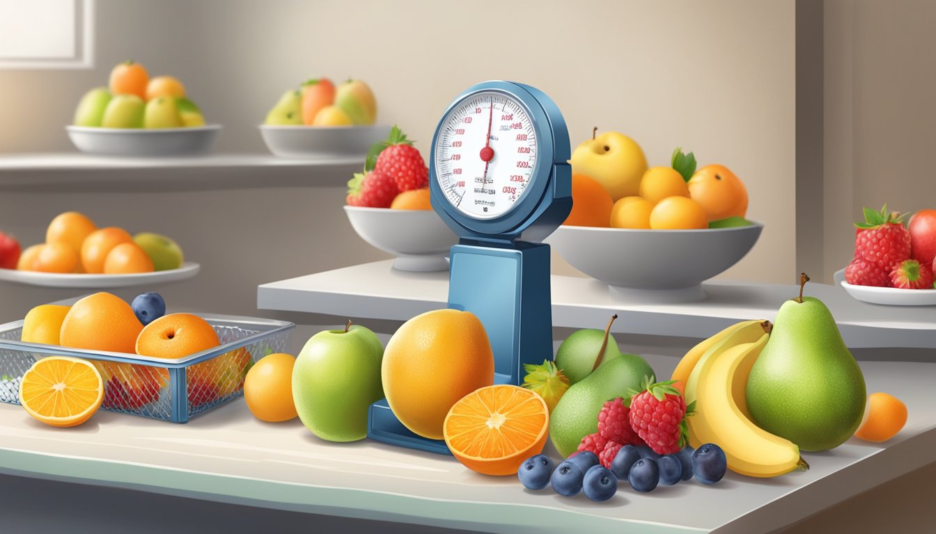 A table with fresh and frozen fruit, price tags, and a scale for comparison