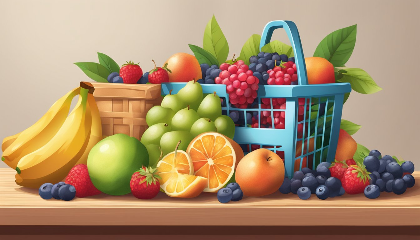 A pile of fresh fruit spilling out of a grocery basket, next to a bag of frozen fruit with a price tag