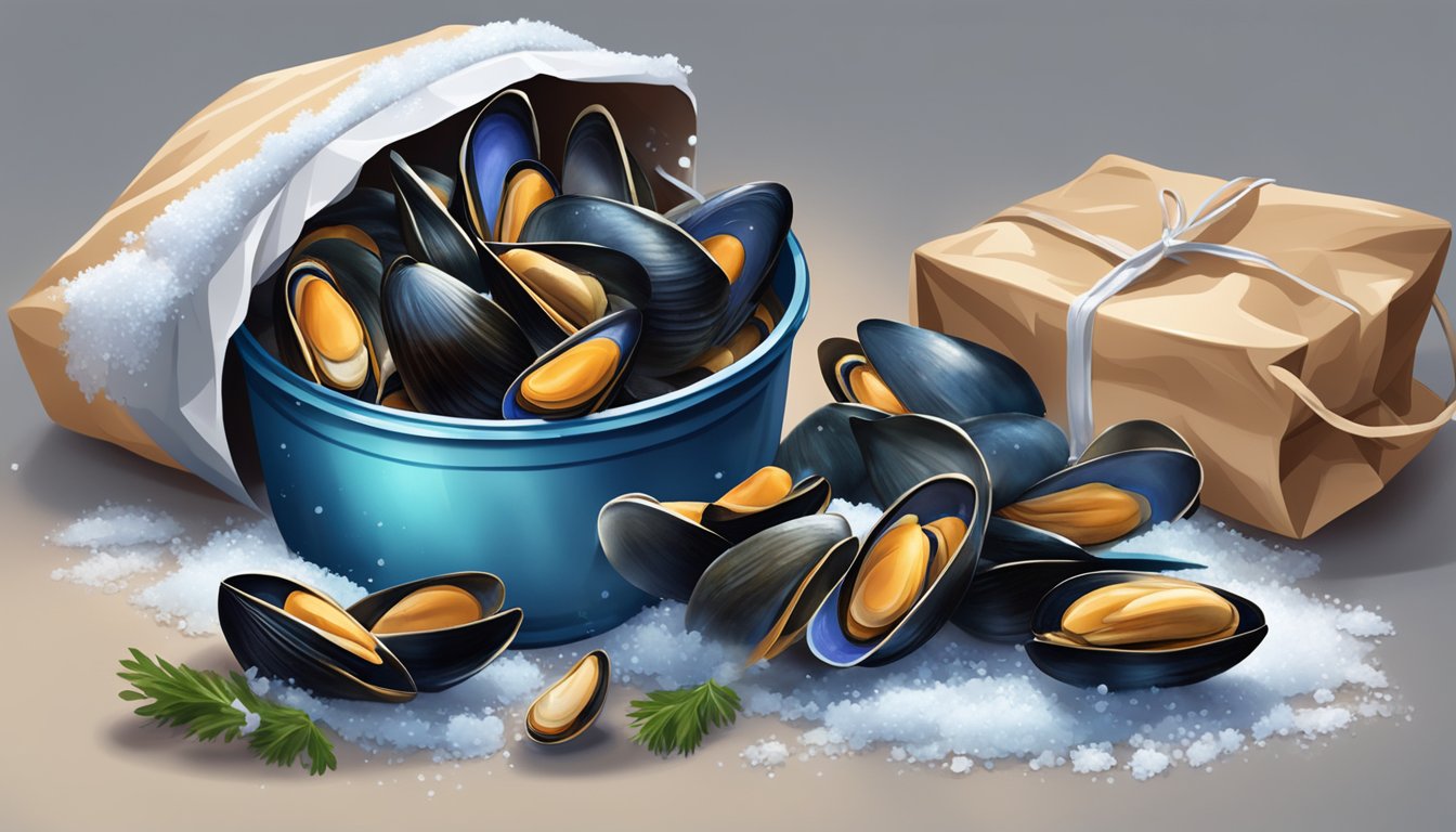 A steaming pot of fresh mussels spills over with vibrant colors and aromas, while a bag of frozen mussels sits in a frost-covered package