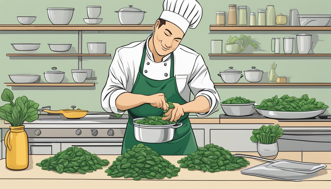 A chef pouring fresh spinach into a pot while a bag of frozen spinach sits nearby. A conversion chart for cooking is displayed prominently