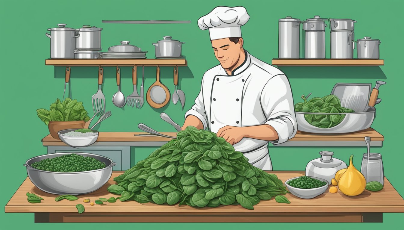 A chef comparing a pile of fresh spinach to a bag of frozen spinach, surrounded by cooking utensils and ingredients