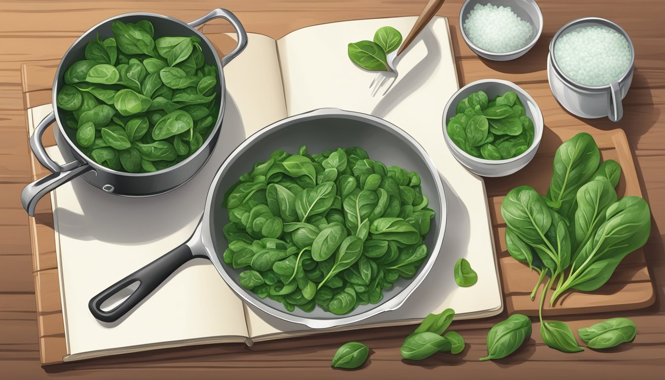 A kitchen counter with fresh and frozen spinach, a cookbook, and cooking utensils