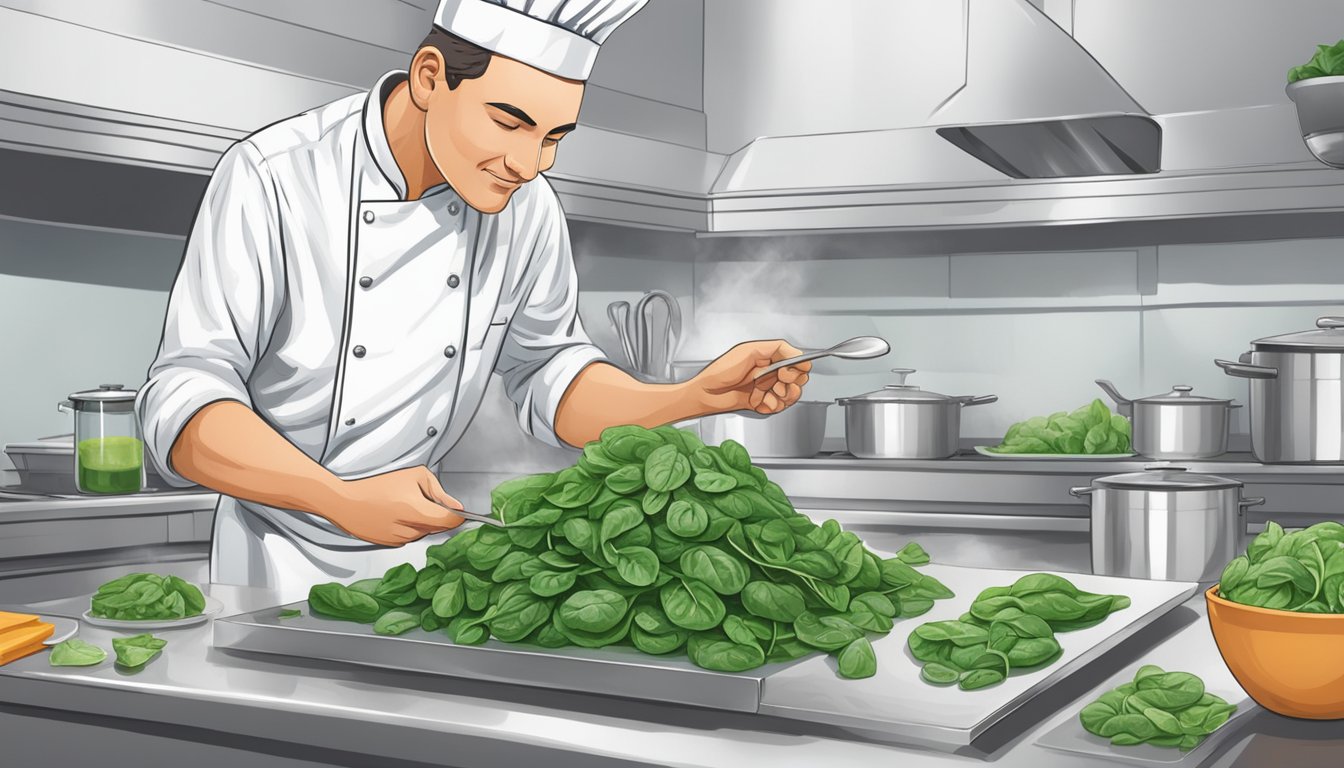 A chef comparing fresh and frozen spinach while consulting a cooking guide