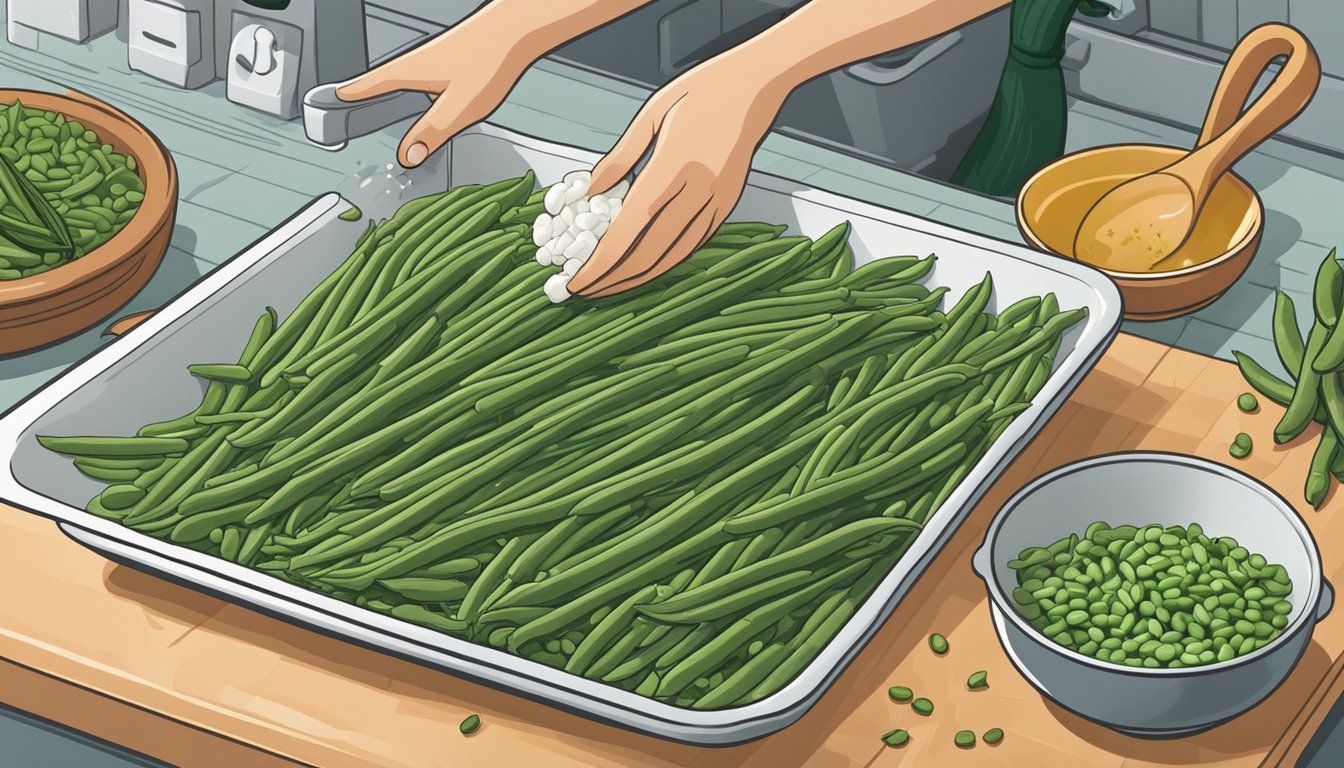 Fresh green beans being washed and trimmed, while frozen beans sit in a bowl. Ingredients and spices are laid out on the counter for the perfect casserole recipe