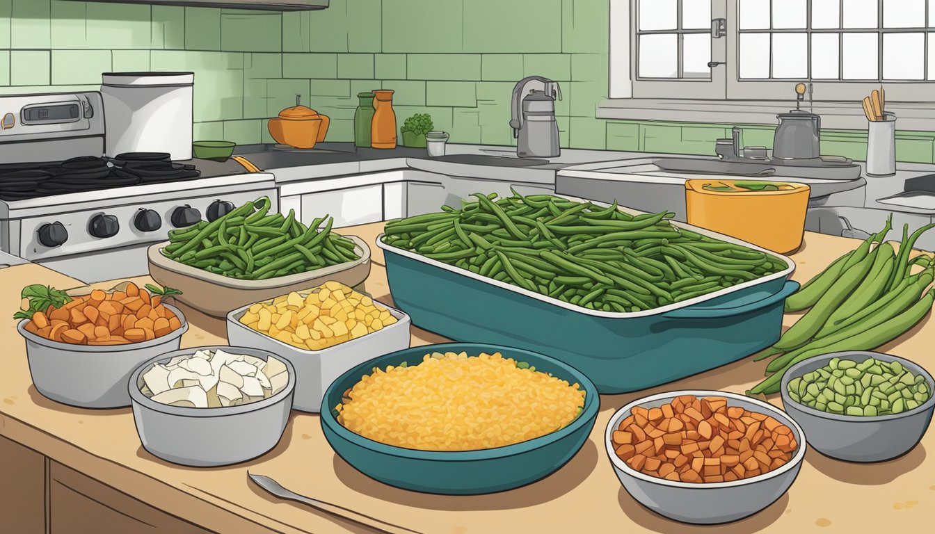 Fresh green beans and a variety of colorful toppings are arranged on a kitchen counter, alongside blocks of cheese. A casserole dish sits nearby, ready for the ingredients to be assembled