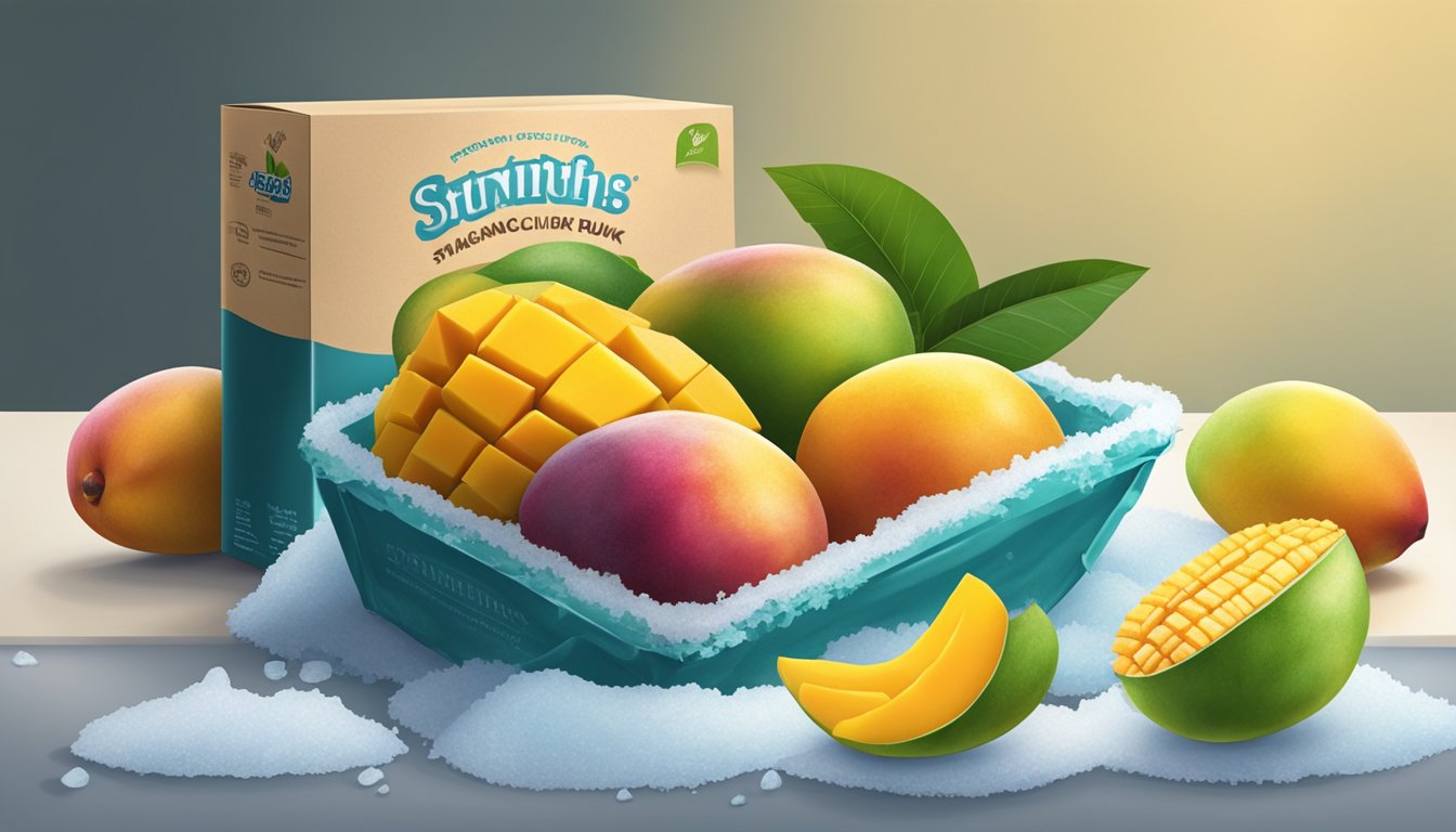 A ripe, juicy mango sits next to a bag of frozen mango chunks. The fresh mango exudes a vibrant color and sweet aroma, while the frozen chunks are neatly stacked and surrounded by frost