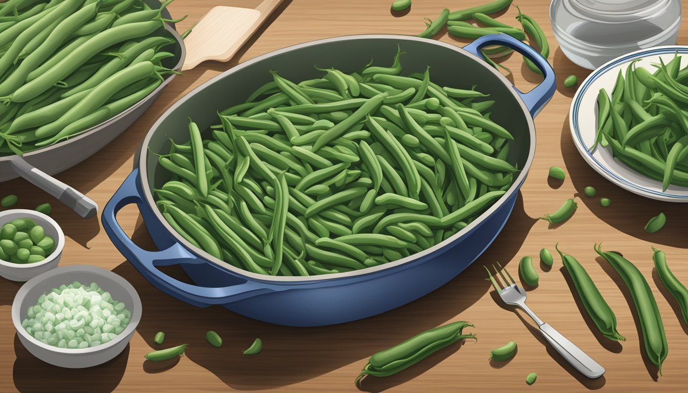 Fresh green beans and frozen green beans sit side by side, next to a casserole dish being prepared with various cooking utensils nearby