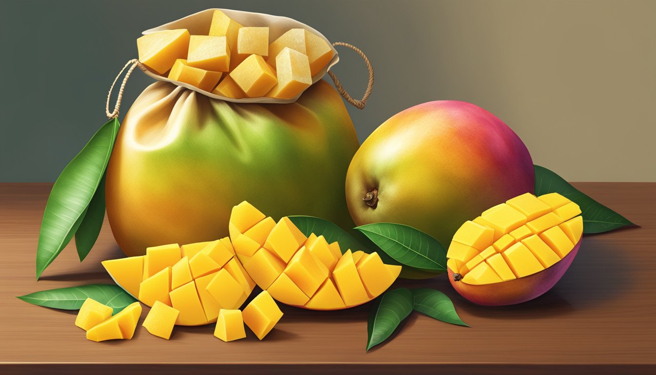 A vibrant scene showing a ripe, juicy mango next to a bag of frozen mango chunks. The fresh mango exudes sweetness and ripeness, while the frozen mango represents convenience and preservation of nutrients