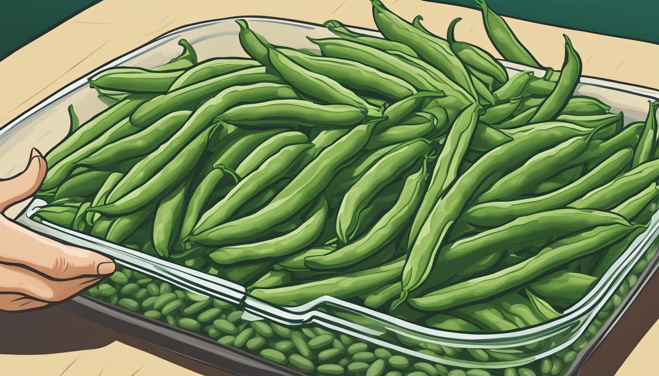 A person comparing fresh and frozen green beans for a casserole recipe, considering health and dietary adjustments