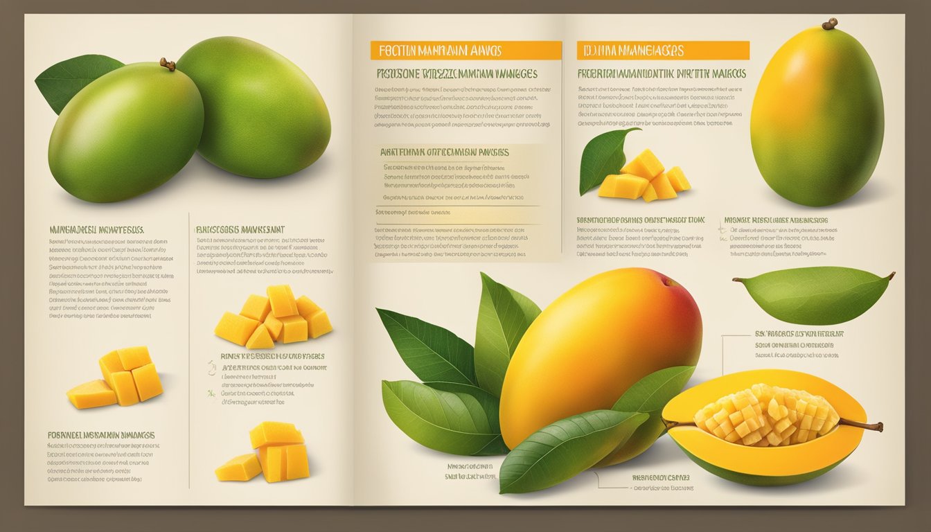 A vibrant display of fresh and frozen mangoes, showcasing their different textures, colors, and packaging. Nutritional information and taste descriptors are visible