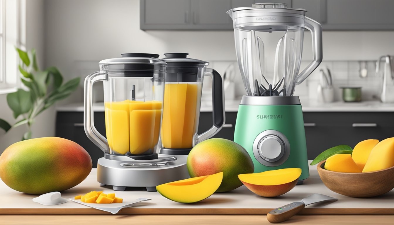 A table with a fresh mango and a bag of frozen mango, surrounded by a blender, cutting board, and measuring cups