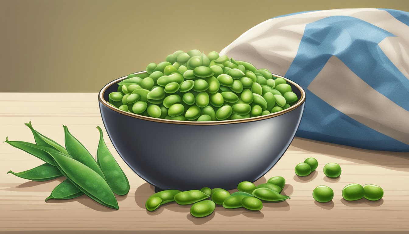 A bowl of fresh edamame sits next to a bag of frozen edamame. The vibrant green pods glisten with condensation, while the frozen ones are neatly arranged in the bag