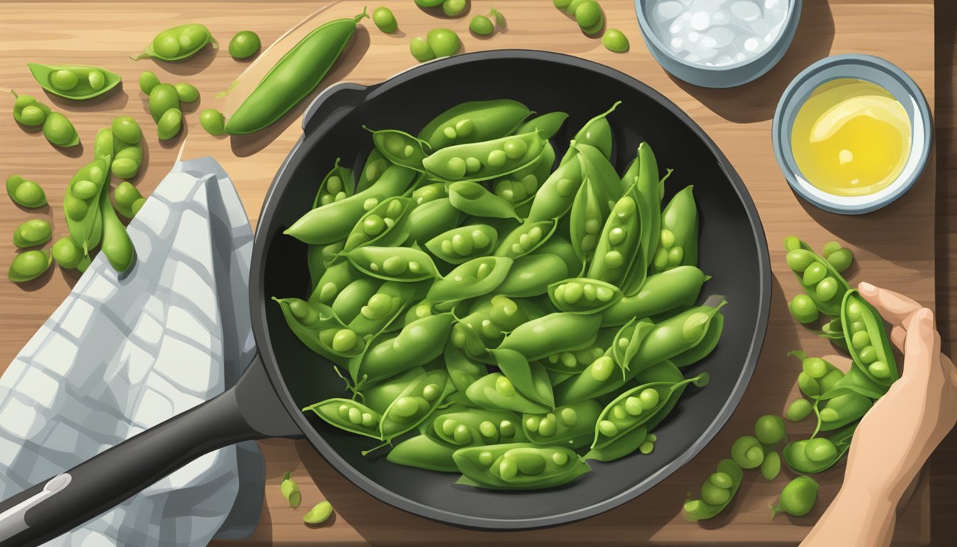 Edamame pods spill from a bag onto a cutting board. A pot of water boils on the stove. A hand reaches for a handful of pods