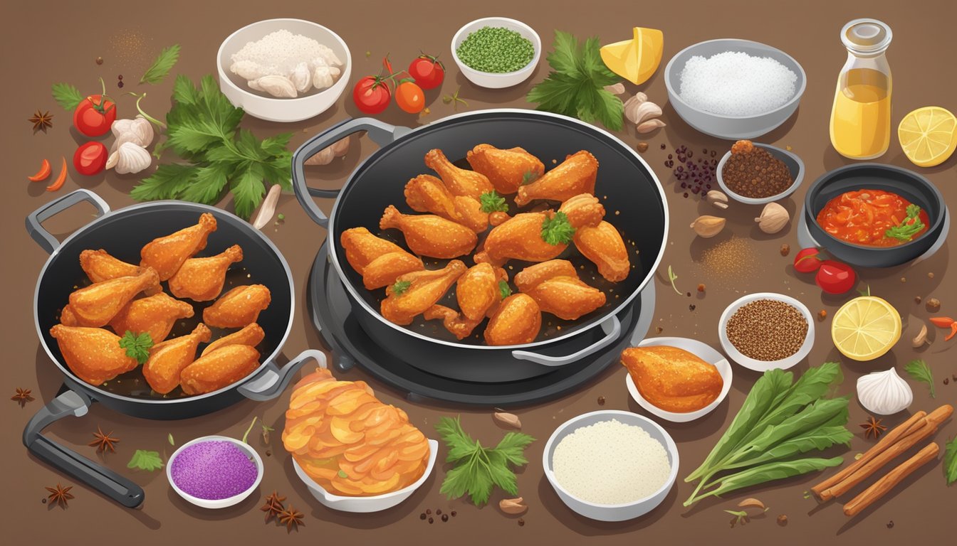 A sizzling pan with fresh and frozen chicken wings, surrounded by various spices and seasonings. A timer sits nearby, symbolizing convenience