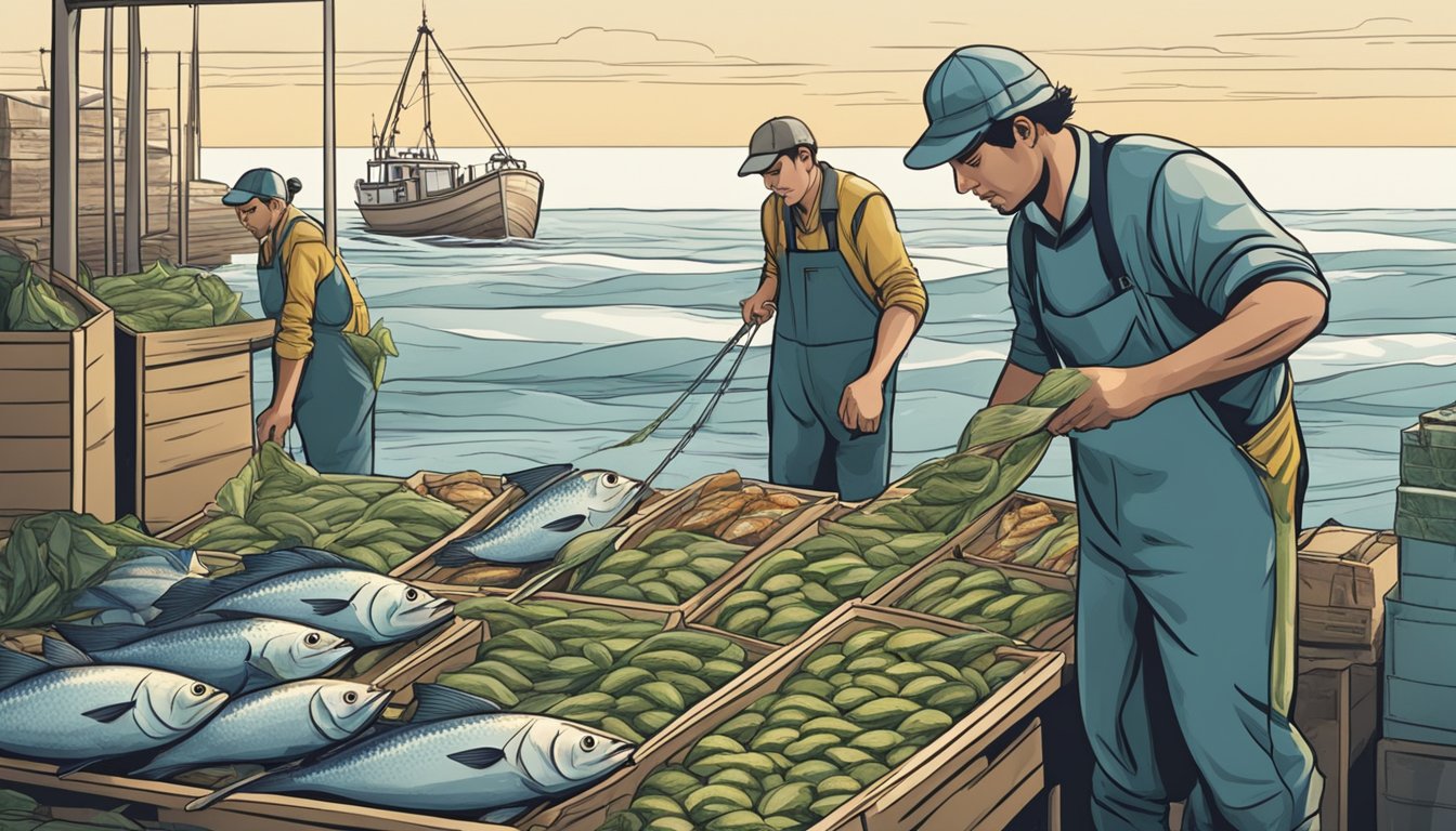 A fisherman using sustainable methods pulls a fresh catch from the ocean, while another worker carefully prepares and packages frozen fish for ethical distribution