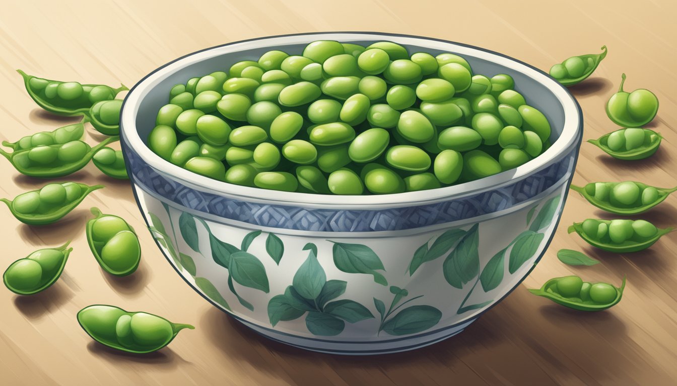 A bowl of fresh and frozen edamame side by side, with vibrant green pods and beans, showcasing the contrast in texture and color