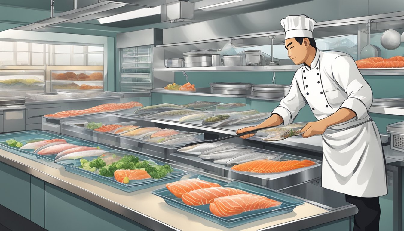 A chef carefully selects fresh fish, while a freezer holds neatly packaged frozen fish. A sushi-making station is set with all the necessary tools and ingredients