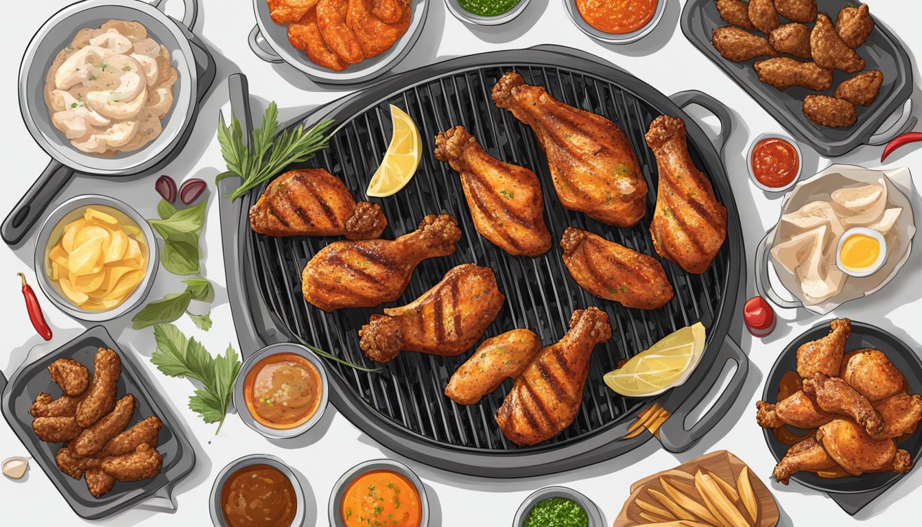 A sizzling grill with fresh and frozen chicken wings side by side, surrounded by various seasonings and condiments