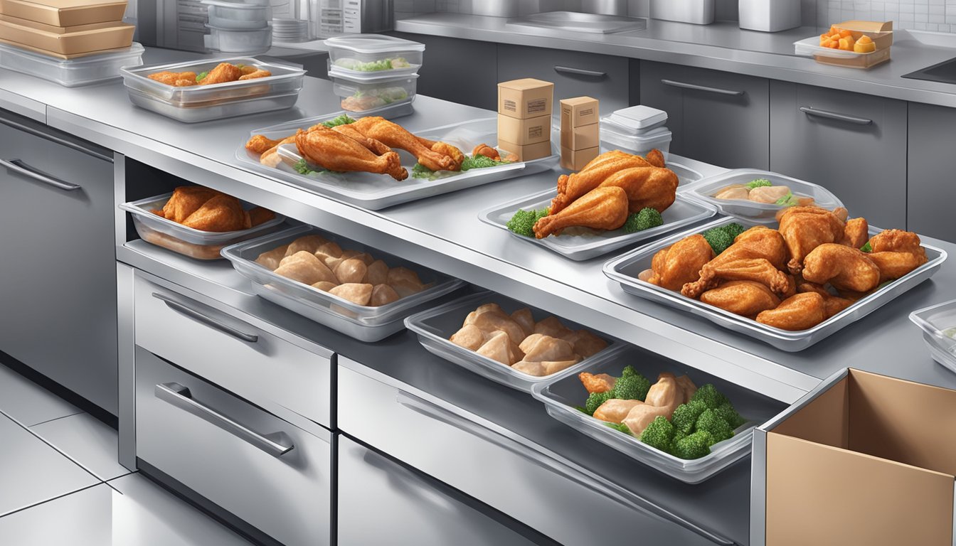 A kitchen scene with fresh and frozen chicken wings on a counter, surrounded by various storage containers and packaging options