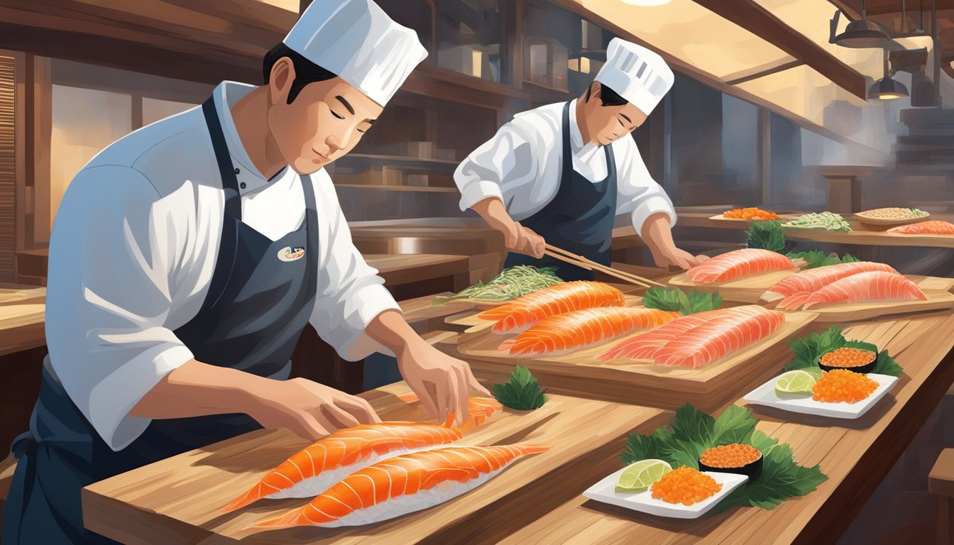 A sushi chef carefully selects fresh fish, skillfully slicing and arranging the delicate pieces on a pristine wooden platter. The vibrant colors and textures create a visually stunning and appetizing display