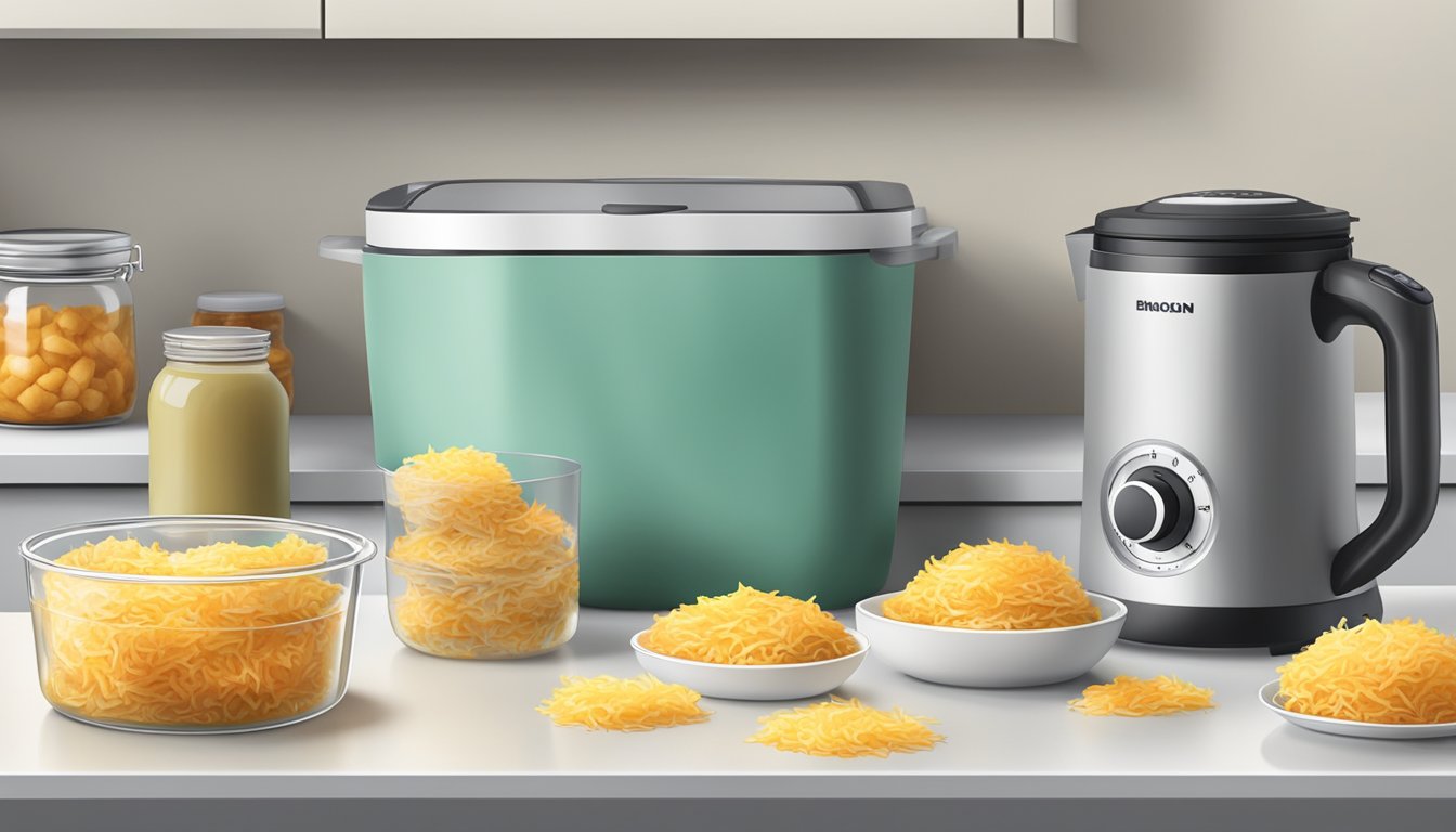 A kitchen counter with fresh and frozen hash browns, a timer, and storage containers