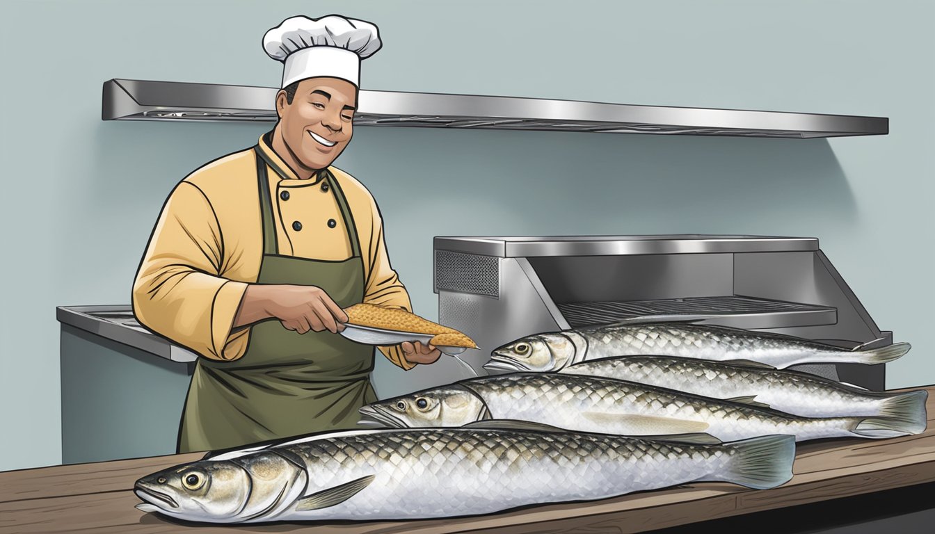 A chef grilling fresh haddock next to a pile of frozen haddock, comparing their appearance and texture