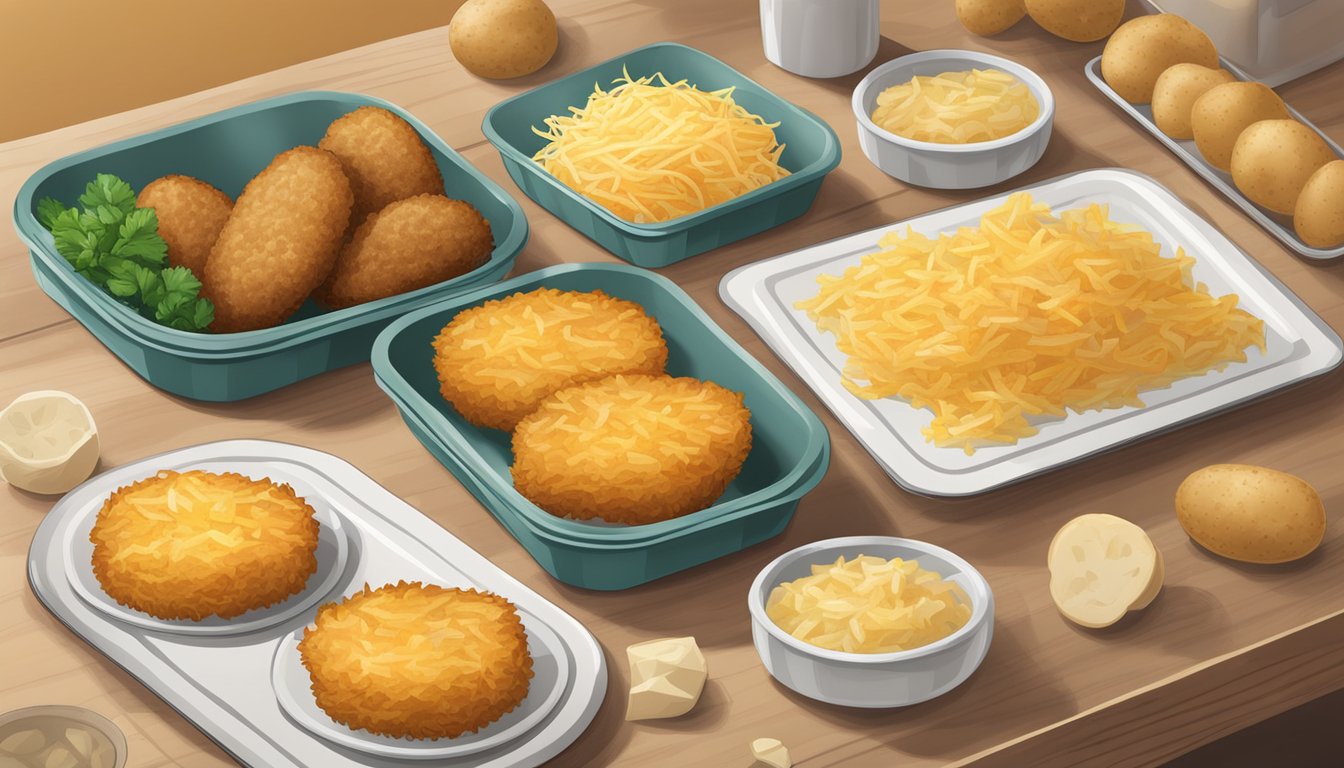 A table with two plates of hash browns, one fresh and one frozen, surrounded by various potato products and eco-friendly packaging