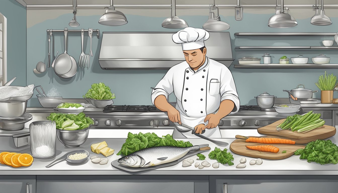 A chef prepares fresh and frozen haddock side by side, with ingredients and cooking utensils surrounding them. The scene showcases their differences in texture and appearance