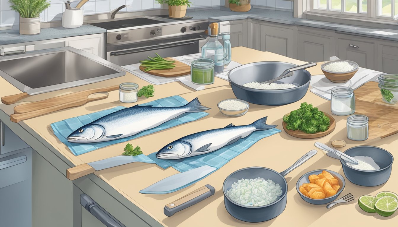 A chef preparing fresh and frozen haddock for cooking, with ingredients and cooking utensils laid out on a clean, organized kitchen counter