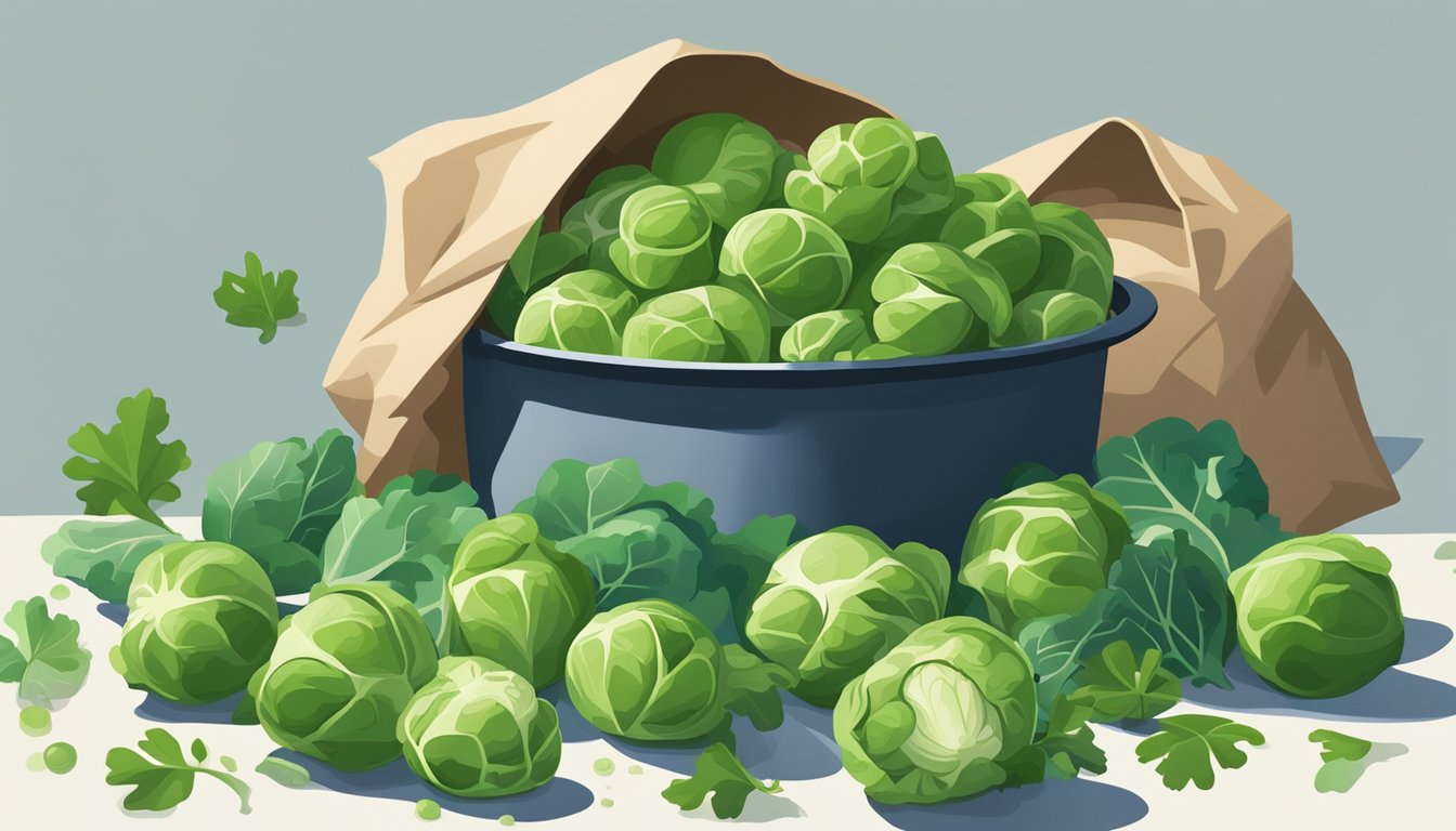 A steaming pot of fresh Brussels sprouts sits next to a bag of frozen ones, both surrounded by vibrant green leaves and a scattering of loose sprouts