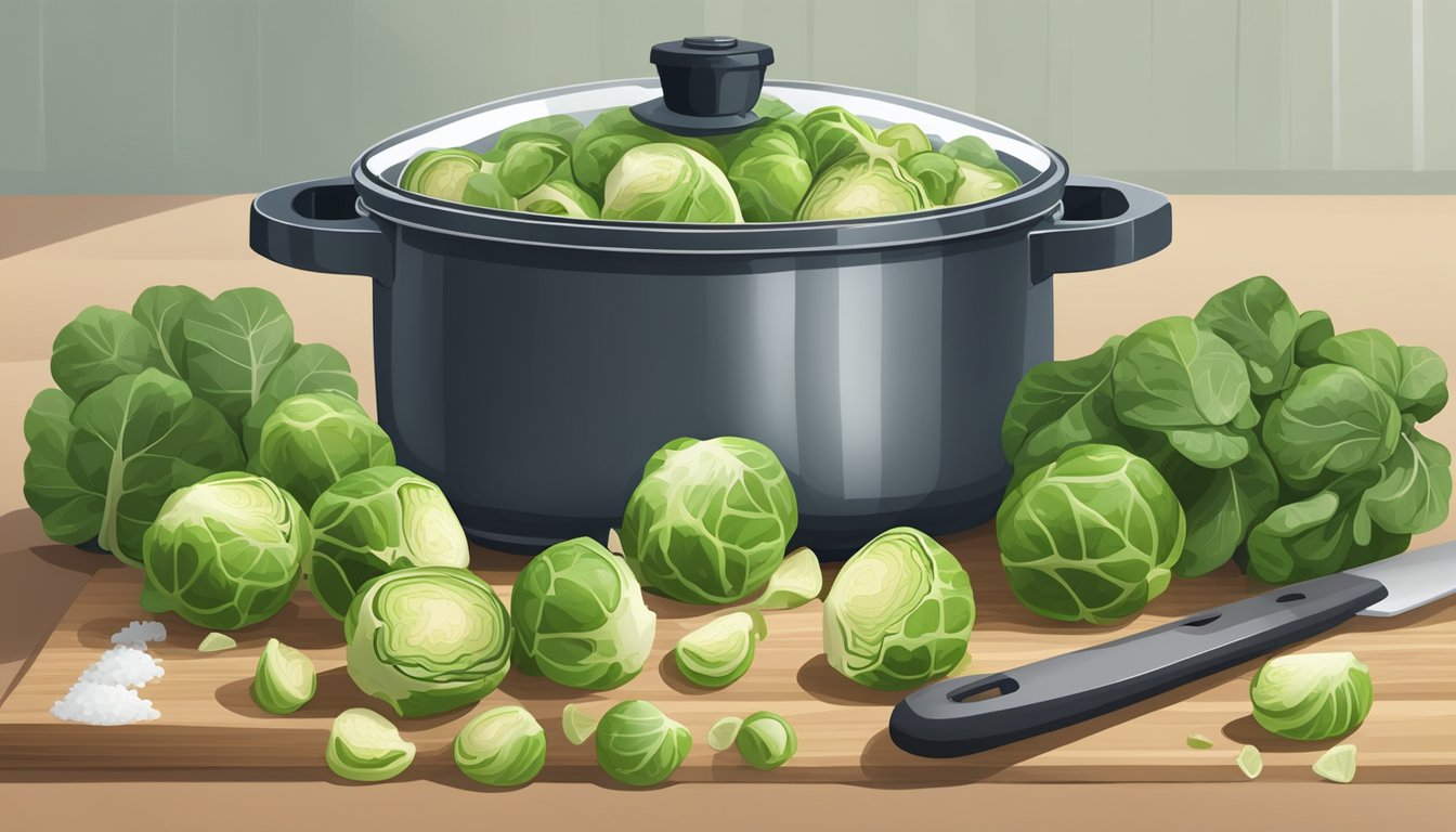 A pile of fresh and frozen brussels sprouts on a cutting board, surrounded by various kitchen utensils and a steaming pot