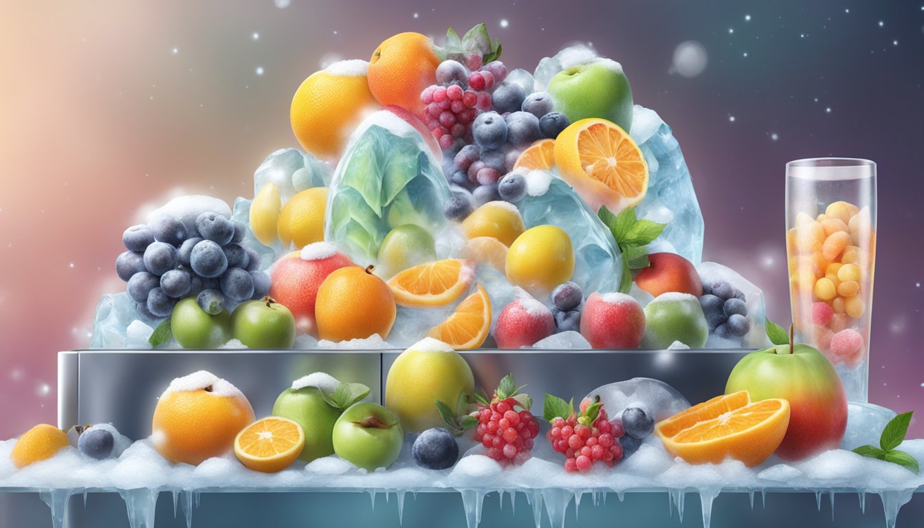 A colorful array of fresh and frozen fruits, surrounded by icy mist, with a high-tech freezing machine in the background