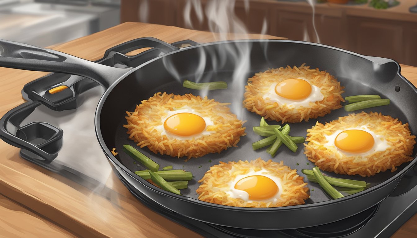 A sizzling skillet holds a heap of frozen and fresh hash browns, facing off in a breakfast showdown. Steam rises as the spuds cook to crispy perfection