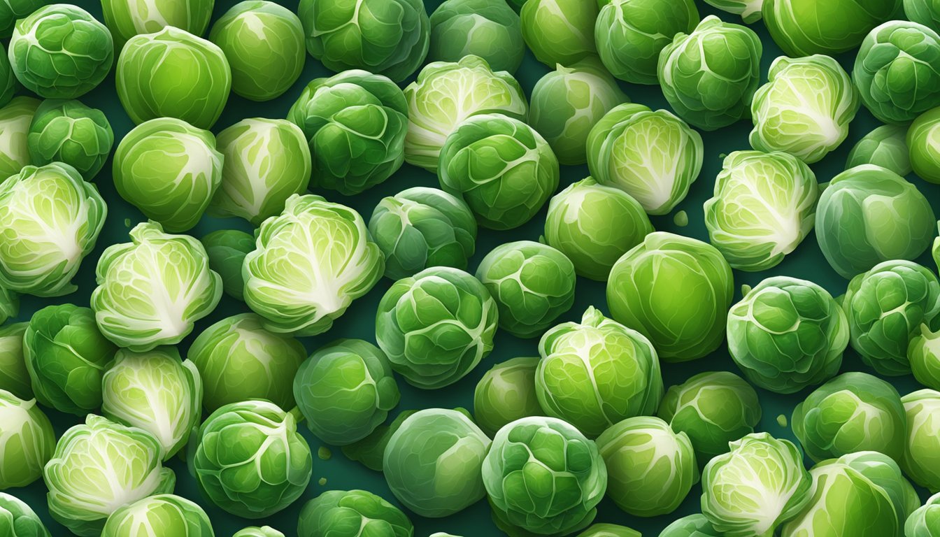 A colorful display of fresh and frozen brussels sprouts, with vibrant green hues and frosty white textures, arranged in a neat and organized manner