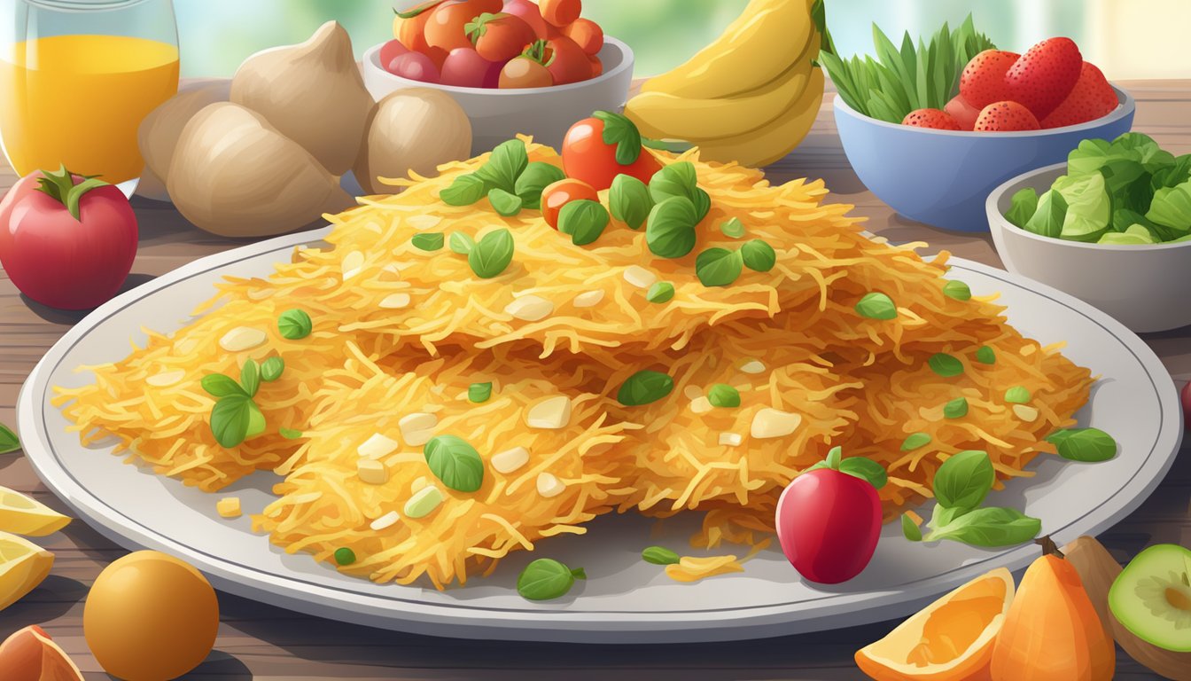 A pile of fresh and frozen hash browns on a breakfast table, surrounded by colorful fruits and vegetables