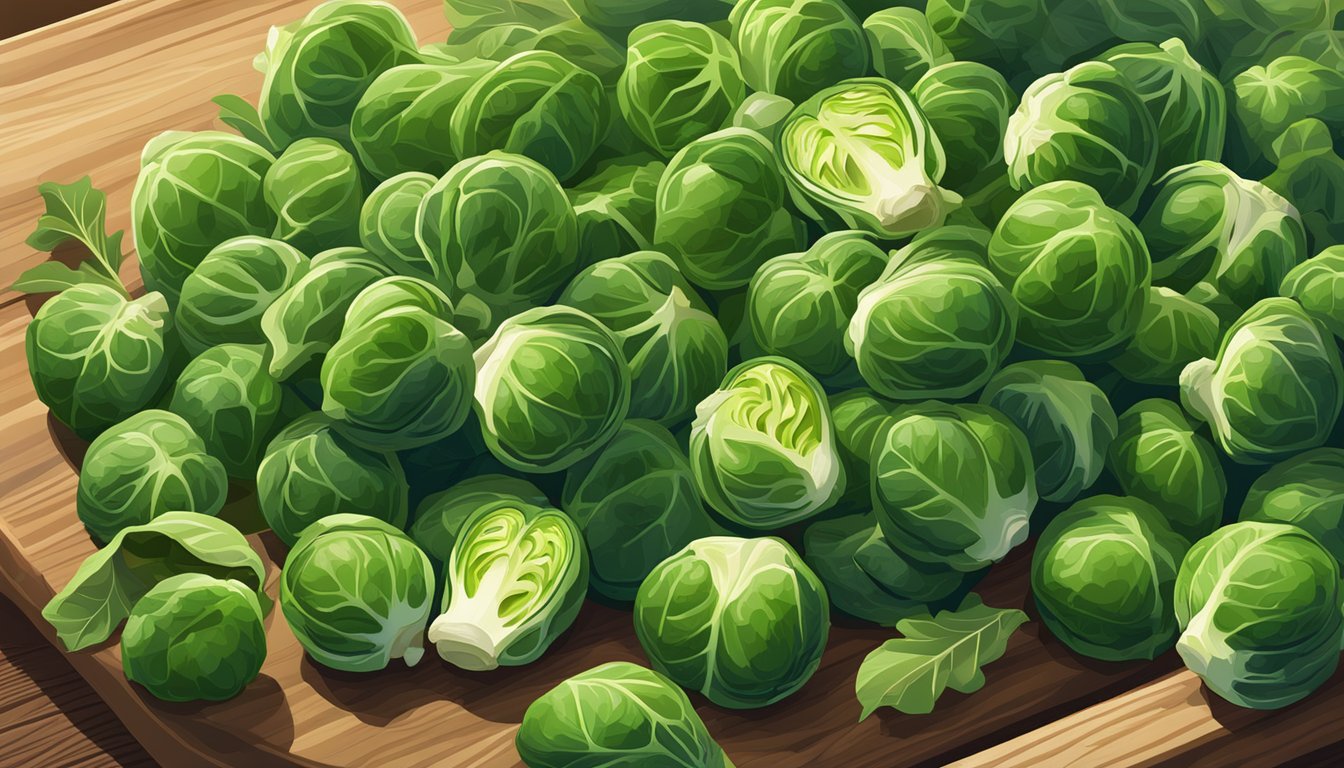 A vibrant pile of fresh and frozen brussels sprouts sits side by side on a wooden cutting board, with a spotlight highlighting their vivid green color and crisp texture