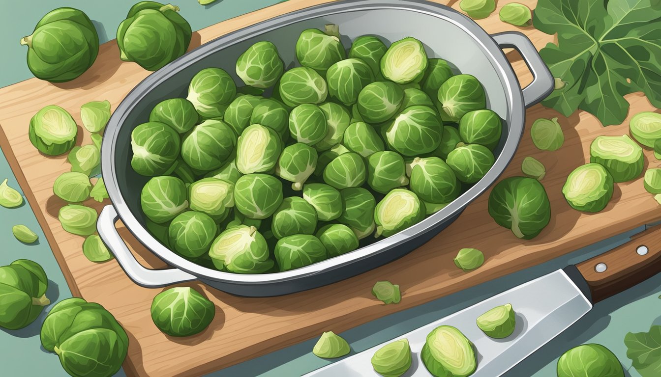 A steaming pot of fresh brussels sprouts sits next to a bag of frozen ones, surrounded by scattered leaves and a knife on a cutting board