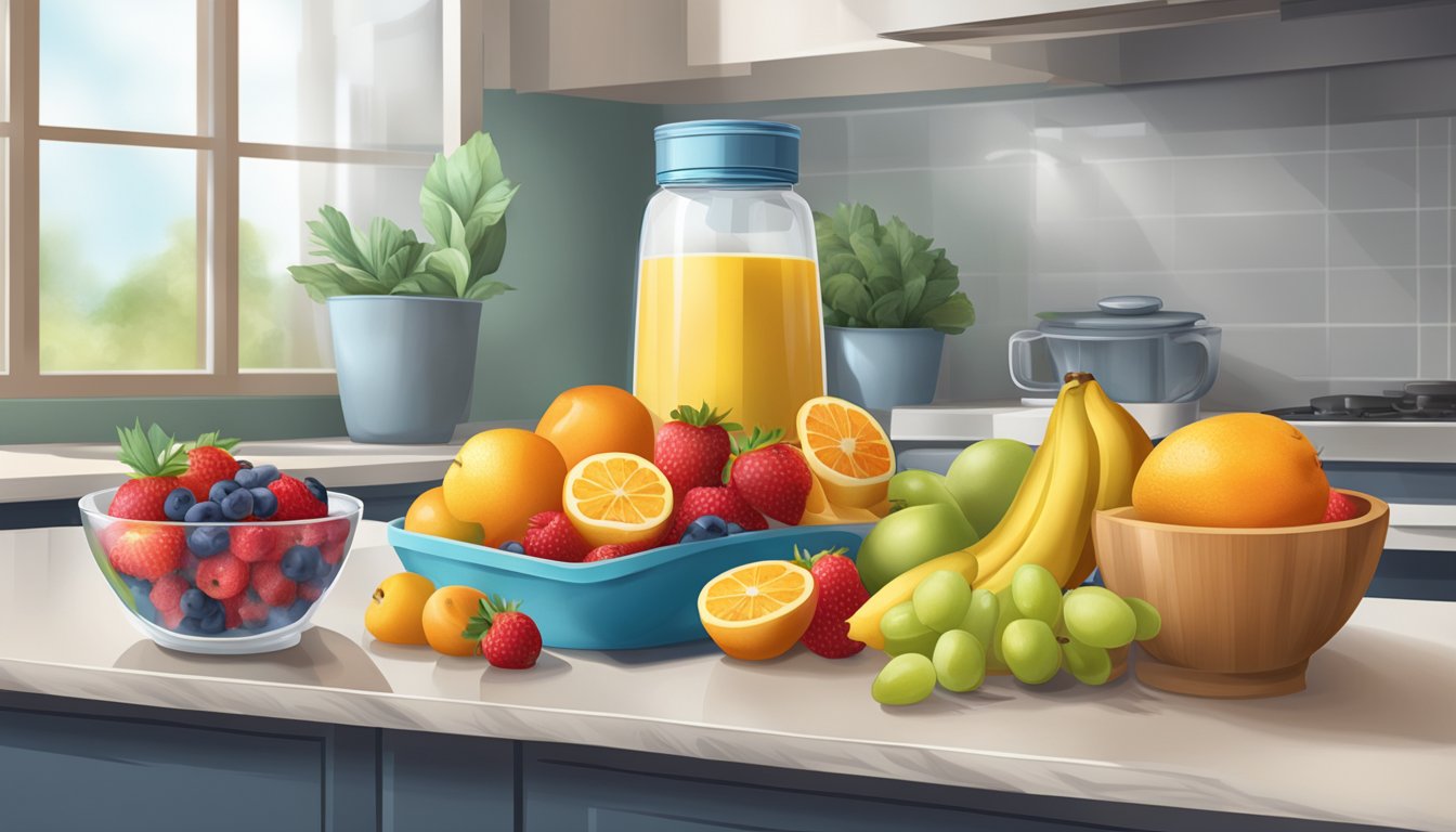 A kitchen counter with a bowl of fresh fruit next to a bag of frozen fruit in a sealed container