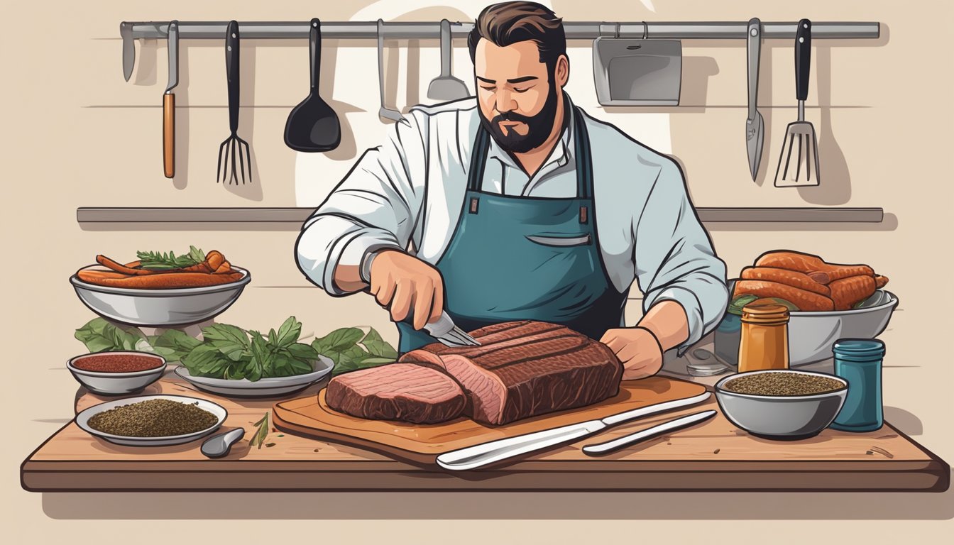 A chef comparing a frozen and fresh brisket on a cutting board, surrounded by various BBQ tools and seasonings