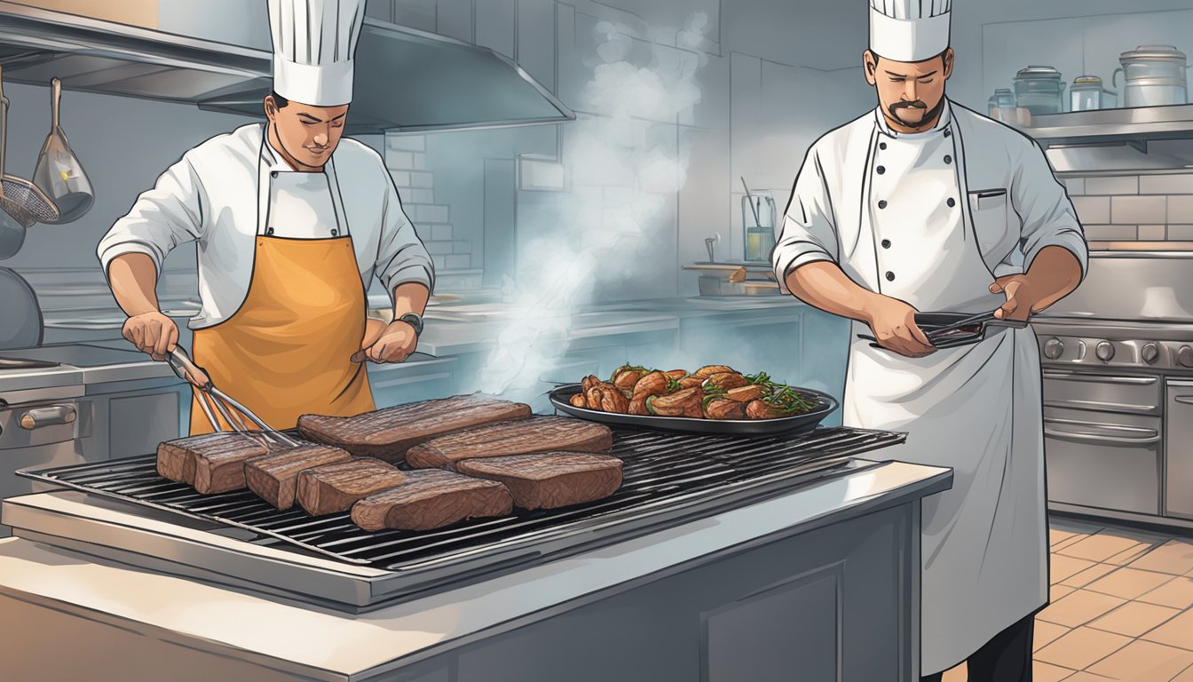 A chef grilling two briskets, one fresh and one frozen, with a thermometer nearby to test for safe cooking temperatures