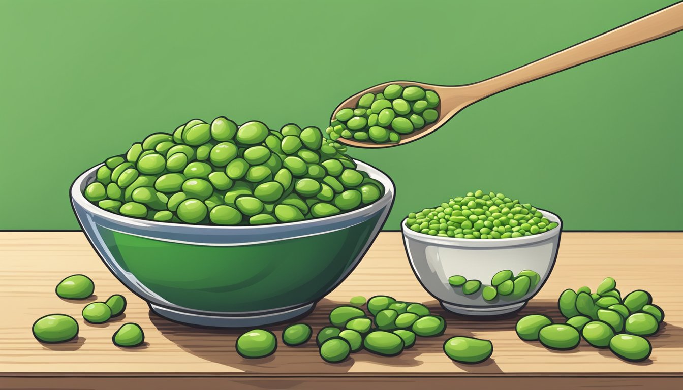 A bowl of fresh edamame next to a bowl of frozen edamame, with a spoonful of each being compared for taste and texture