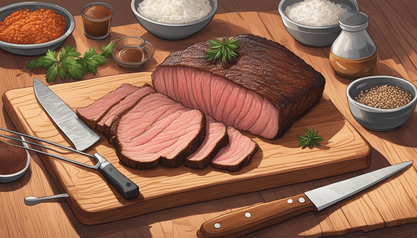 A side-by-side comparison of a frozen and fresh brisket on a cutting board, surrounded by various BBQ tools and seasonings