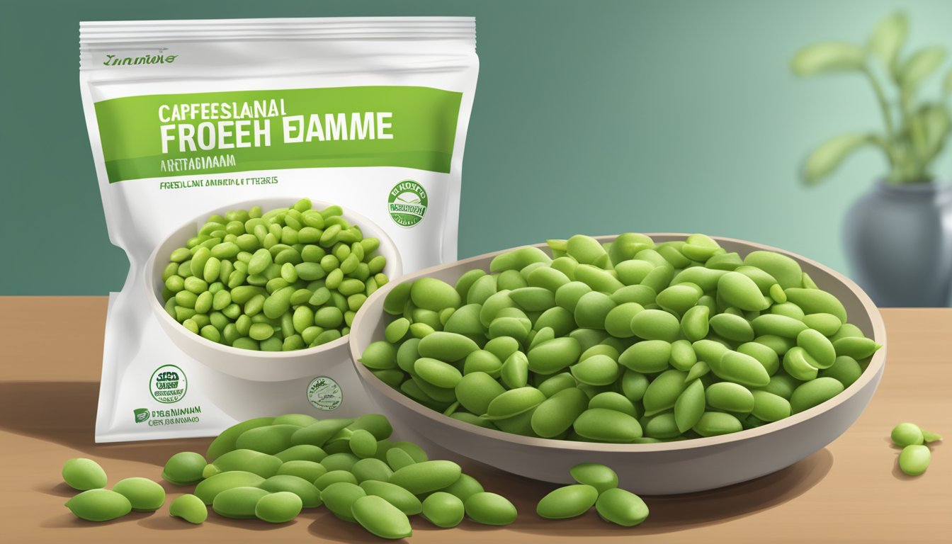 A bowl of fresh edamame sits next to a bag of frozen edamame. Nutritional labels and a taste test are displayed nearby