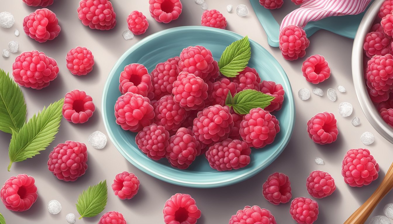 A vibrant display of fresh and frozen raspberries arranged on a kitchen counter, surrounded by baking ingredients and utensils