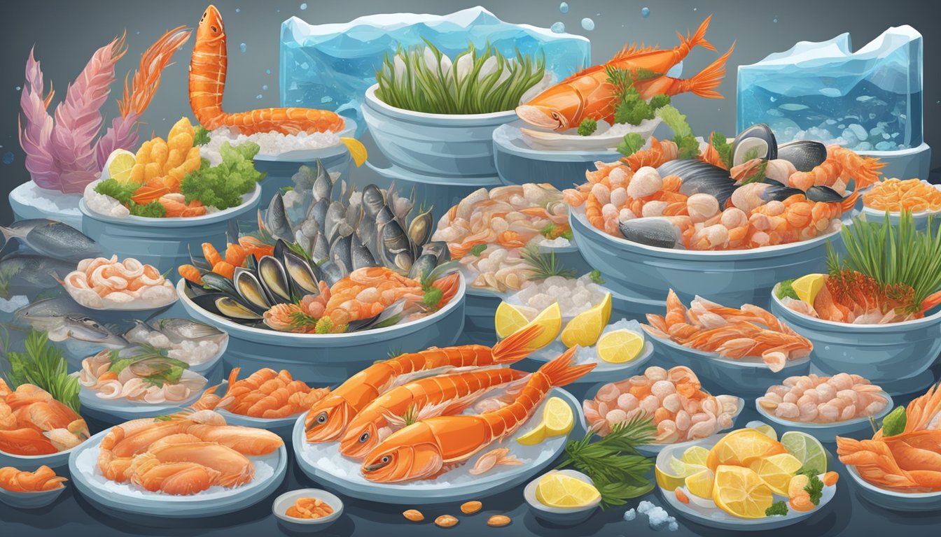 A colorful display of fresh and frozen seafood, with vibrant fish, shrimp, and shellfish arranged on ice, surrounded by informational signs detailing quality, taste, and nutritional value