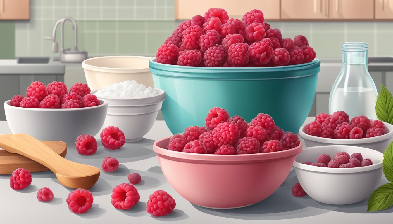 Fresh raspberries and frozen raspberries arranged on a kitchen counter next to a mixing bowl and baking ingredients