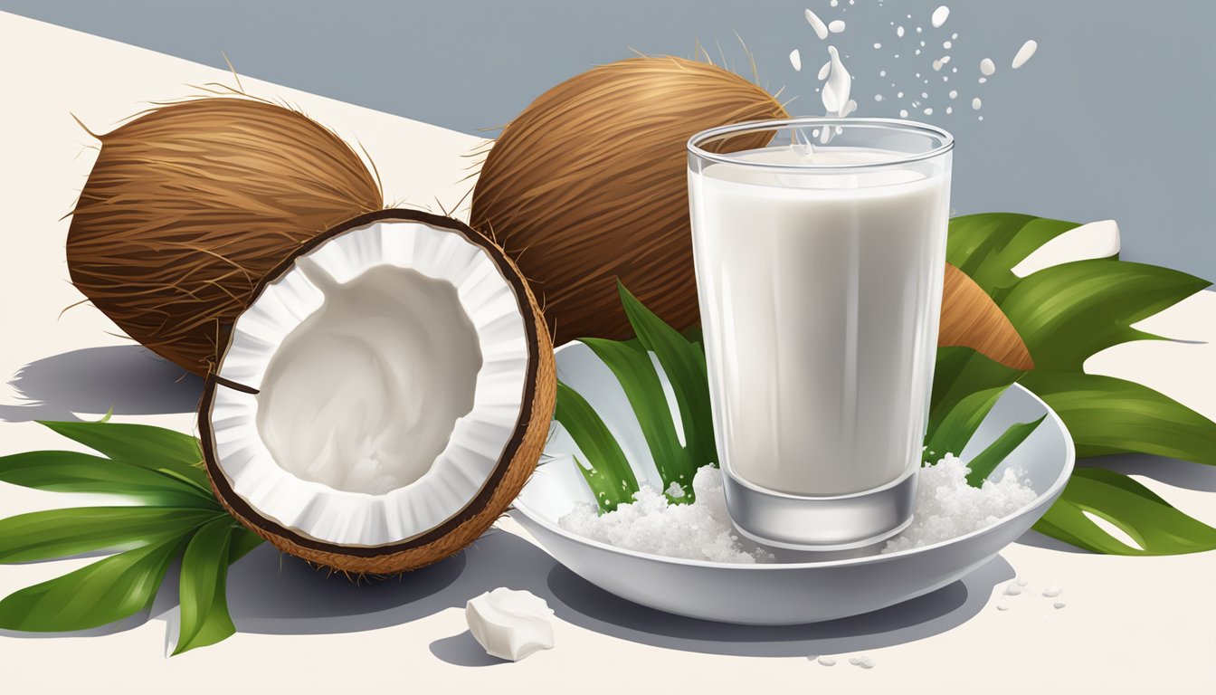 A coconut split open, with fresh coconut milk pouring out into a bowl next to a container of frozen coconut milk